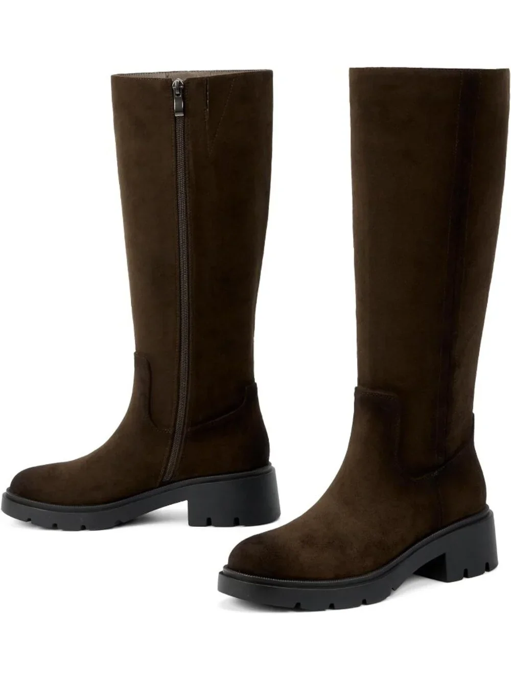 Women's Dark Brown Faux Suede Wide Calf Round Toe Low Heel  Side Zipper Boots
